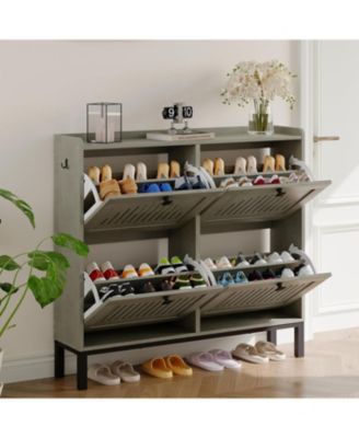 Shoe Storage Cabinet with 4 Flip Drawer, Shoes Organizer with Hollow Out Panel & Black Square Handles