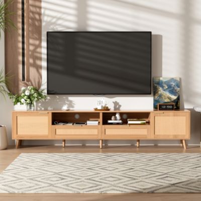 Rattan Cabinet TV Stand for TVs up to 90", Modern Farmhouse Media Console with Solid Wood Legs