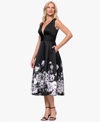 Women's Floral Border V-Neck Midi Dress