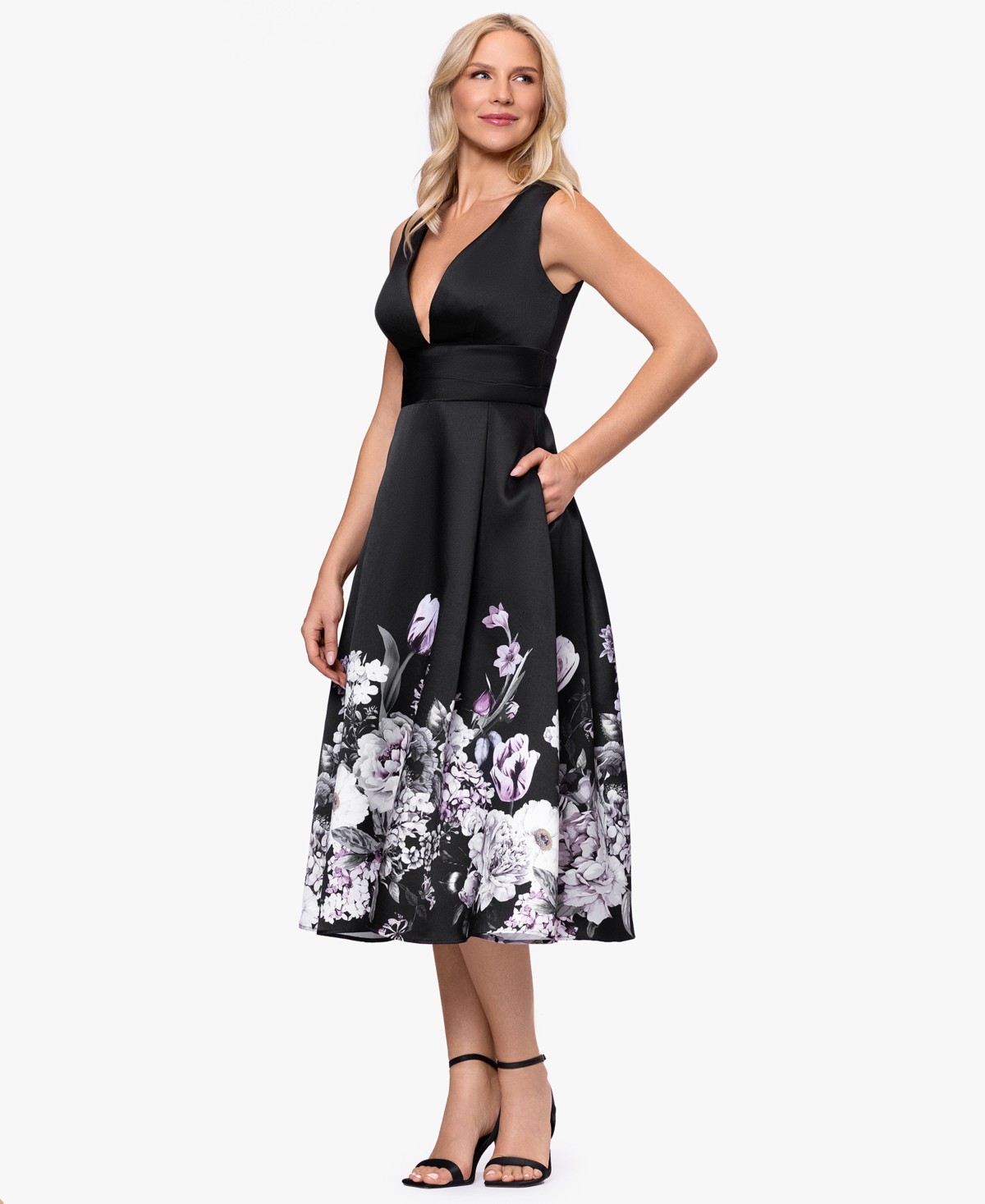 Женские платья Betsy & Adam Women's Floral Border V-Neck Midi Dress — фото 1