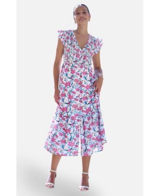 Women's Viscose Floral Ruched Waist Midi Dress