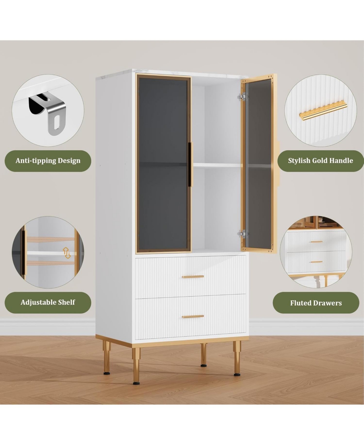 gaomon Modern Kitchen Pantry Cabinet with Drawers Glass Doors Adjustable Shelves Fluted Storage for Dining Room Home Office