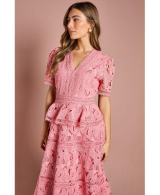 Women's V Neck Tiered Lace Midi Dress