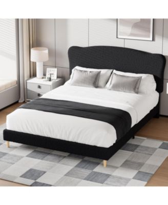 Queen Size Bed Frame with Upholstered Headboard, Soft Low Profile Sturdy Platform Bed with Rounded Corners Design, Heavy Duty, Wooden Slats