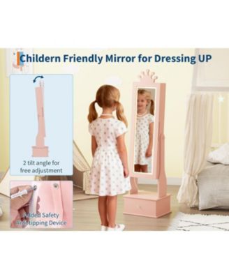 Kids Jewelry Armoire with Full-Length Mirror and LED Light, Child Jewelry Cabinet with 3 Storage Drawers