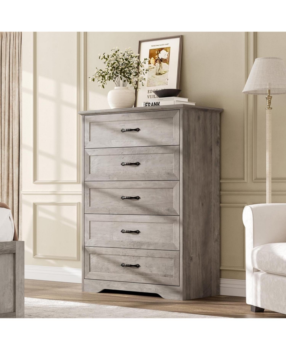 gaomon Farmhouse 5 Drawers Dresser for Bedroom, Tall Chest of Drawer, Wooden Vertical Dresser with Metal Handles and Stable Base