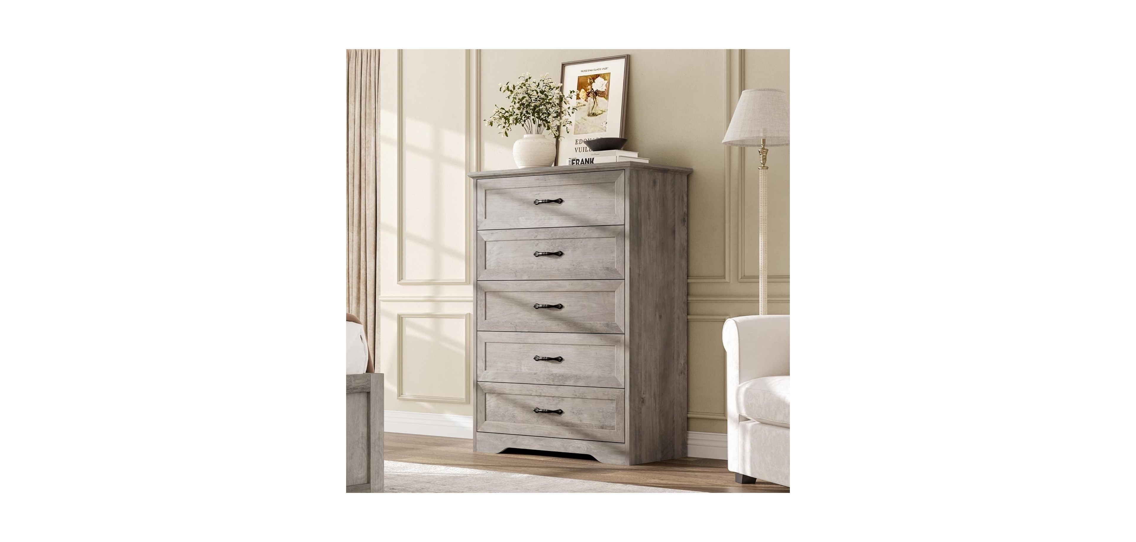 gaomon Farmhouse 5 Drawers Dresser for Bedroom, Tall Chest of Drawer, Wooden Vertical Dresser with Metal Handles and Stable Base