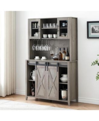 Farmhouse Coffee Bar and Wine Cabinet with Sliding Barn Doors  Tall Pantry Hutch  Wine and Glass Rack