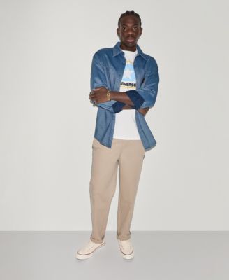 Men's Collared Jersey Denim Shirt and Box Logo Tee paired with the Harton Straight-Leg Pants