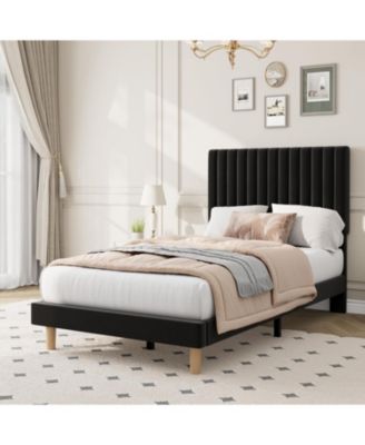 Twin Bed Frame with Adjustable Headboard, Velvet Upholstered Platform