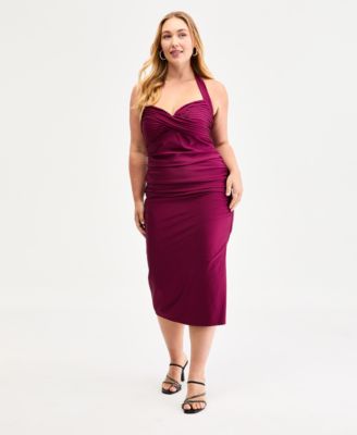 strapless open back dress Magenta Floral Satin Pleated Halter Neck Midi Dress – The Prissy Pelican