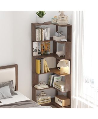5 Tier L-Shaped Corner Bookshelf, Wooden Open Display Shelve, Storage Rack with Anti-Drop Panels for Living Room or Home Office