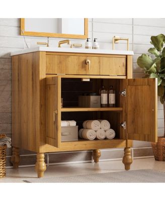 30 Inch Freestanding Bathroom Vanity with Seashell Resin Sink, Flip-Up Organizer & Soft Close Storage for Modern Space