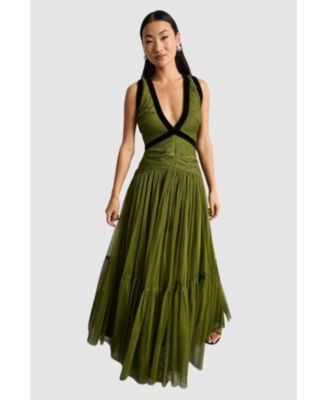 Women's Petite Velvet Trim Tulle Maxi Dress