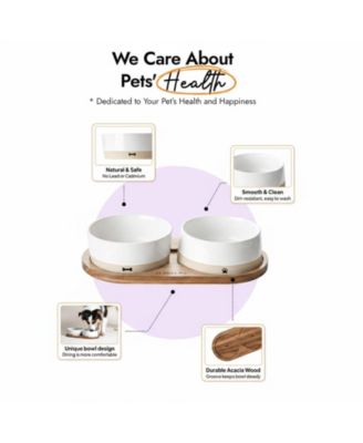 Ceramic Dog Bowls Set with Wood Tray Food Water Non-Slip Stable Farmhouse Style
