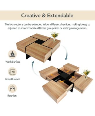 Coffee Table - Square Center Table with 4 Hidden Storage Compartments and Extendable Sliding Tabletop, High-gloss Design for Living Room