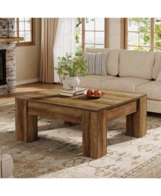 Square Coffee Table, 39-Inch Farmhouse Wooden Coffee Table with Sturdy Legs