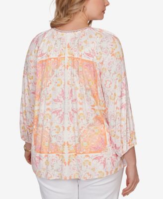 Plus Size Tapestry Print Drawstring Peasant Top