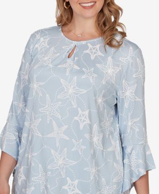Plus Size Starfish Puff Print Flutter-Sleeve Top