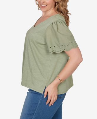 Plus Size Eyelet Poplin-Sleeve Slub Knit Top