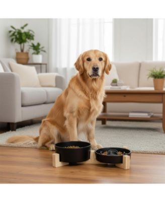 Ceramic Slow Feeder Dog Bowl Set with Wooden Stand Anti-Gulping Anti-Slip Dishwasher Safe