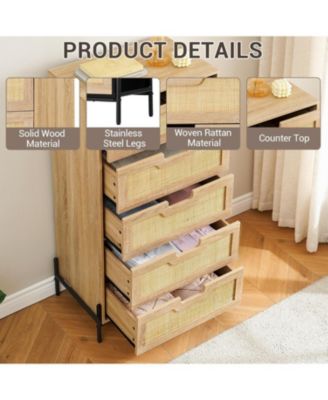 5-Drawer Rattan Dresser, Tall Wood Chest with Metal Legs, Mid-Century