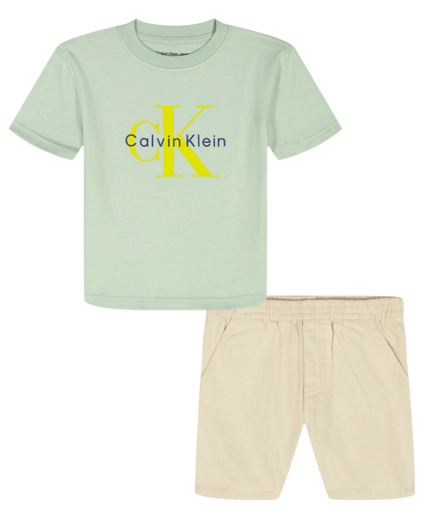 Детский комплект Calvin Klein: футболка с монограммой и джинсовые шорты, 2T-7, цвет: Натуральный джинсовый — фото 1