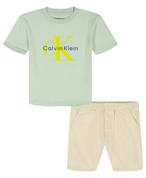 Детский комплект Calvin Klein: футболка с монограммой и джинсовые шорты, 2T-7, цвет: Натуральный джинсовый