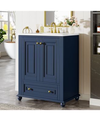 24" Modern Freestanding Solid Wood Bathroom Vanity with Ceramic Sink, Adjustable Shelf Storage, Soft-Close Cabinet & Drawer