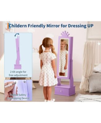 Kids Jewelry Armoire with Full-Length Mirror and LED Light, Child Jewelry Cabinet with 3 Storage Drawers
