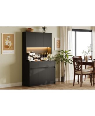 Rattan Buffet Cabinet with Storage Wine Bar Sideboard with Glass Holder Adjustable Shelves Coffee Bar