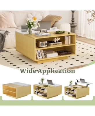 Lift Top Coffee Table with Storage - Fluted Wood Square Center Table with Open Storage, for Living Room, Home Office