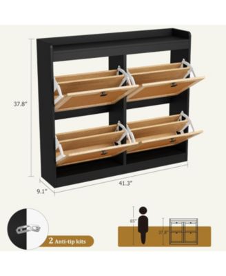 Shoe Cabinet with 4 Deep Flip Drawers, Base Freestanding Wooden Shoe Storage Cabinet with Rattan Door & 3 Tier Adjustable Shelves