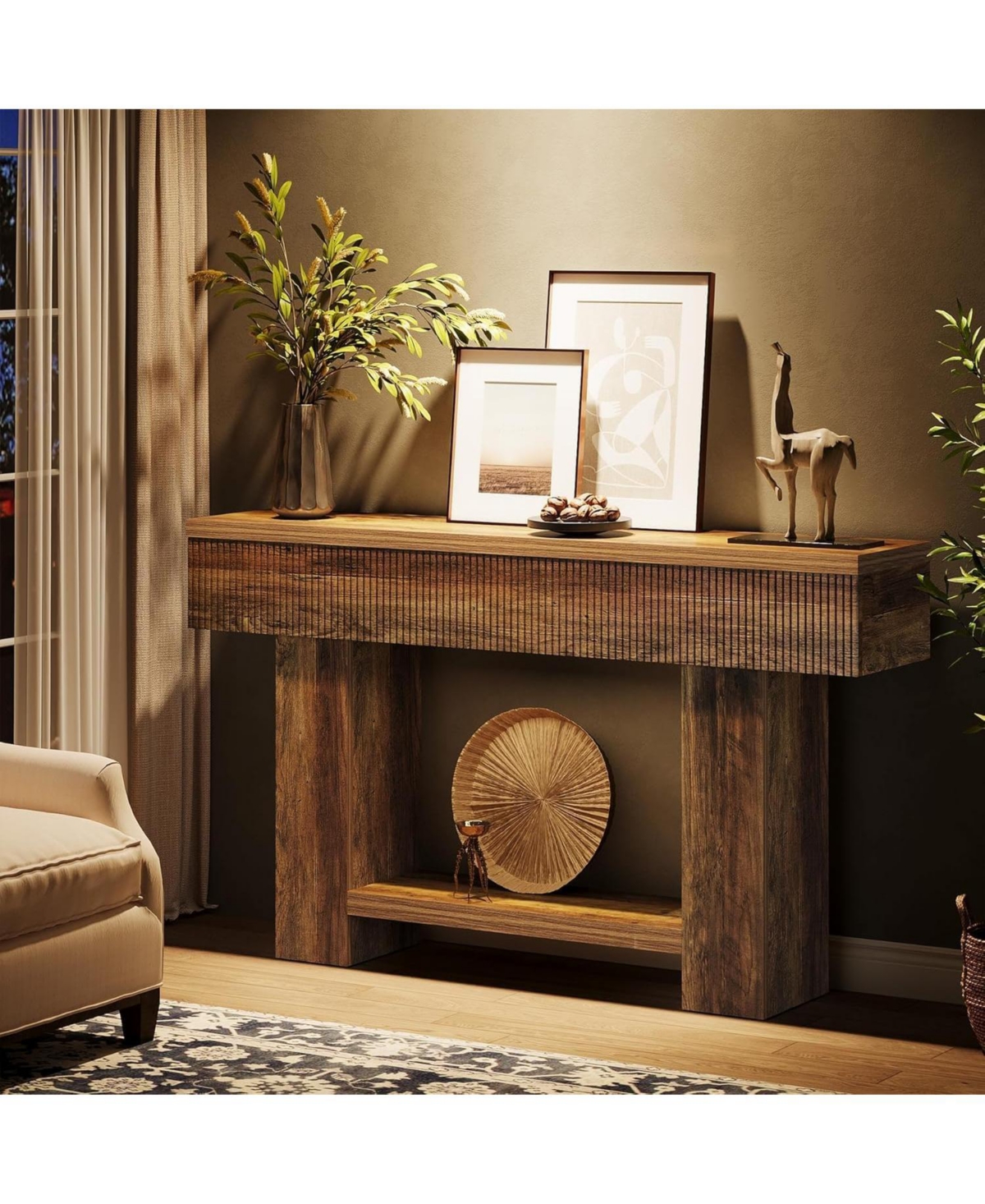 Tribesigns 2-Tier Console Table, 55-Inch Farmhouse Entryway Table, Rustic Wood Sofa Table