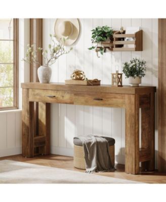 63" Console Table with 2 Drawers, Farmhouse Entryway Table with H-Shaped Sturdy Legs