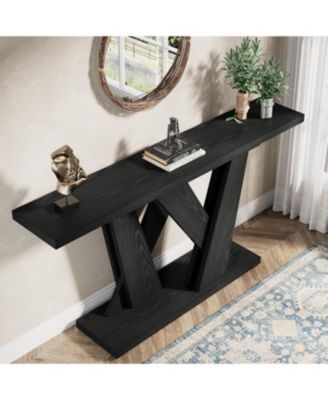 55-Inch Farmhouse Console Table, Entryway Table with Geometric Base, Narrow Sofa Table Rustic Wood Hallway Table