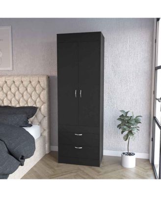 Armoire with Double Door Cabinet Two Drawers Hanging Rod Black Manufactured Wood 70.47inch High Bedroom Storage Organizer