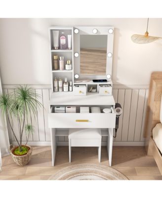 Space Saving Small LED Vanity Table with Basic Standard Mirror White and Cushioned Stool
