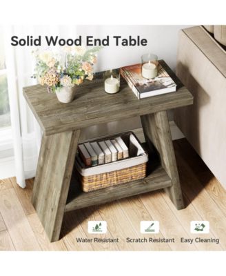 Solid Wood End Table for Living Room Set of 2, Narrow Small Side Table with 2-Tier Storage