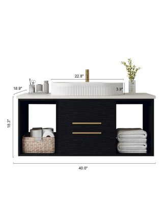 40" Wall-Mount Bathroom Vanity with Oval Ceramic Sink, Soft-Close Drawers & Open Shelf Storage for Contemporary Homes