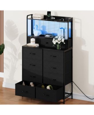 Rustic Dresser for Bedroom with Charging Station, App-Controlled RGB LED, Tall Dresser Storage Organizer with 11 Fabric Drawers