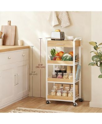 4-Tier Rolling Storage Cart with Top Board, Drawer, Mesh Shelves, Lockable Casters