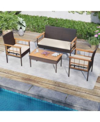 Set of 8 Wicker Furniture Set w/Acacia Wood Tabletop Armrests Cushions for Backyard