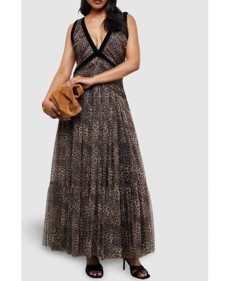 Women's Velvet Trim Leopard Tulle Maxi Dress
