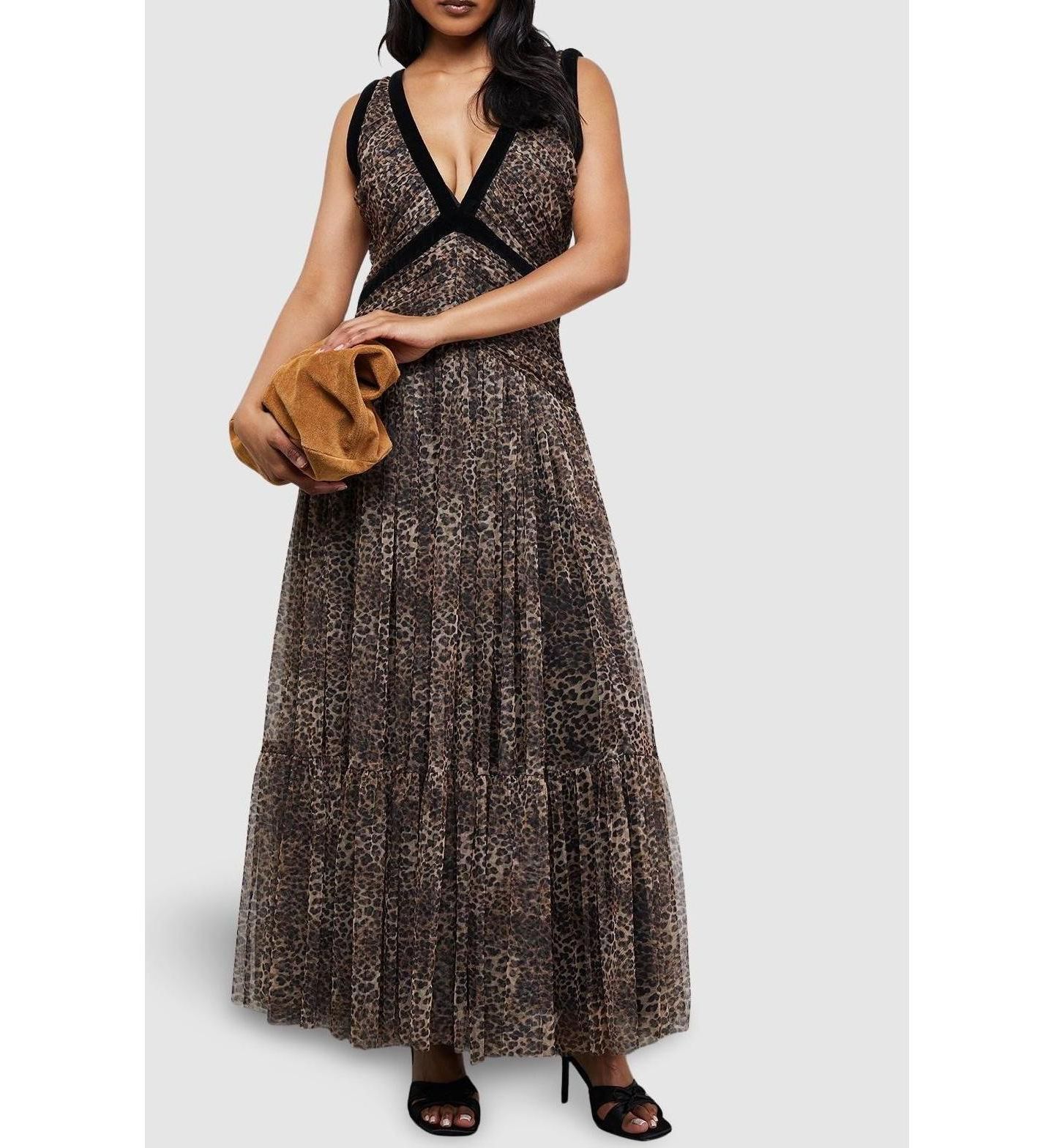 Женское платье Warehouse Velvet Trim Leopard Tulle Maxi, цвет: Анималистичный — фото 6