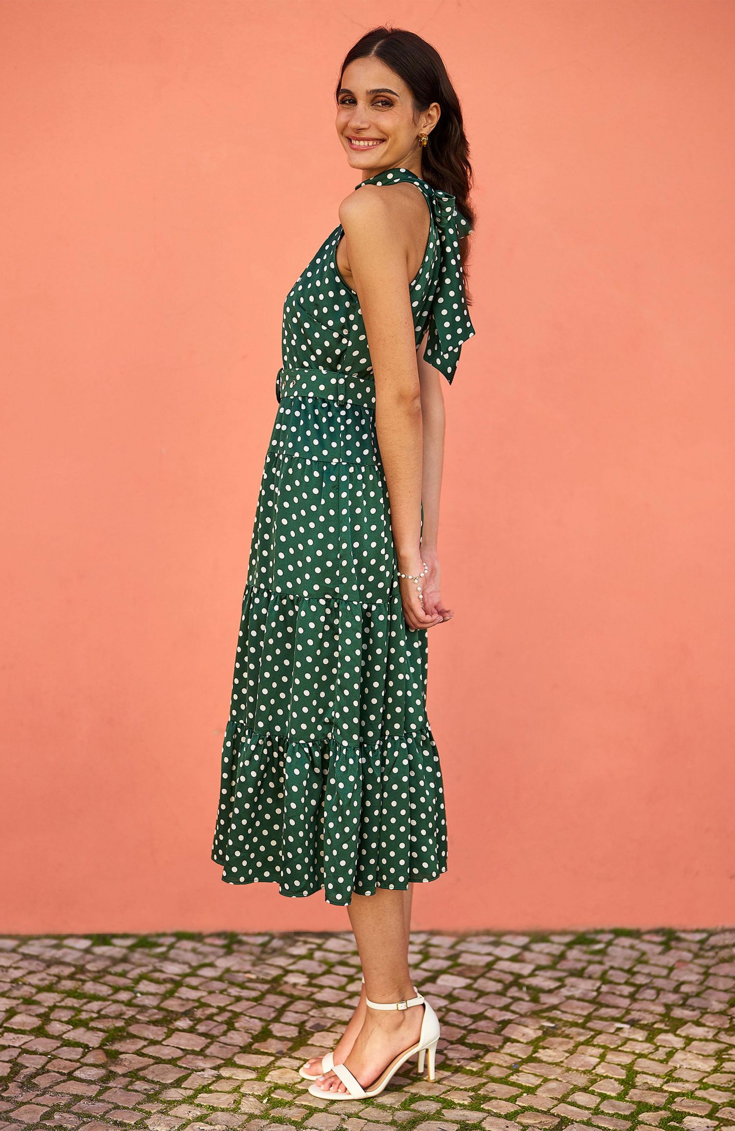 Women's Spot Print Halter Midi Dress
