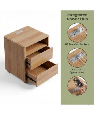 Solid Wood Nightstand - Curved Modern Bedside Table with Charger Station, 2 Drawers and Shelves for Bedroom, Living room