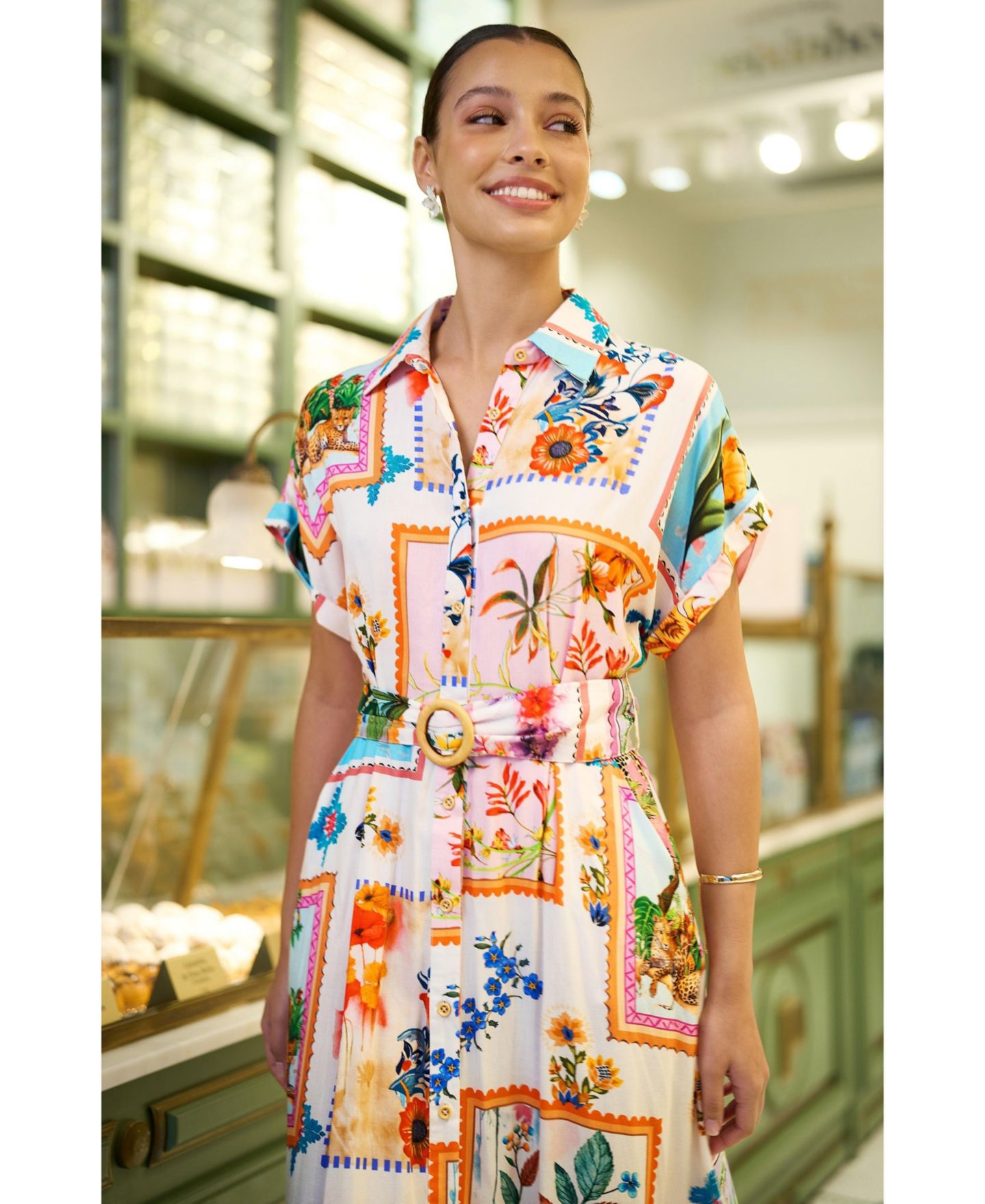 Женское платье Yumi Tropical Postcard Print Midi Shirt Dress, цвет: Слоновая кость — фото 6