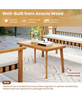 Set of 4 Wood Furniture Set w/Coffee Table Seat Back Cushions for Backyard Porch