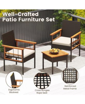 Set of 3 Wicker Furniture Set w/Acacia Wood Tabletop Armrests Cushions for Backyard